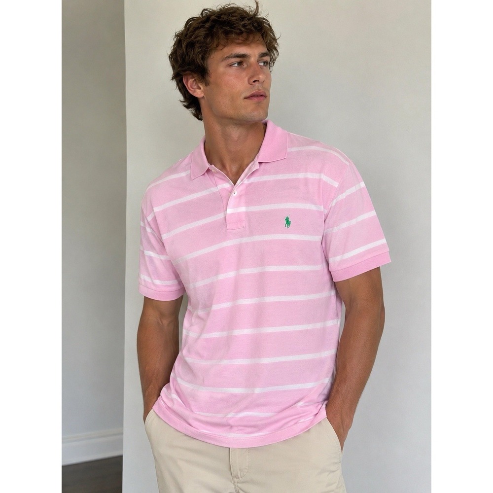 Ralph Lauren Polo Shirt Pink Striped Preppy Cotton Golf Business Casual Men's L